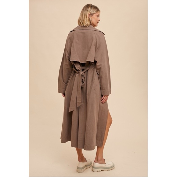 330 • Truffle Cotton Linen Blend Long Line Double Breasted Classic Trench Coat - Picture 4 of 4